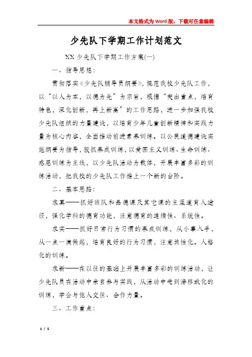 少先队下学期工作计划范文