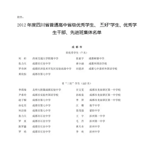 2012年度四川省普通高中省级优秀学生、“三好”学生、优秀学生