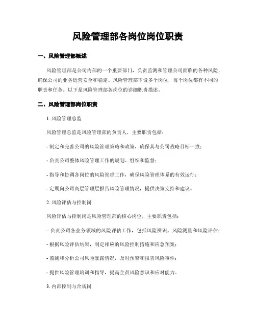 风险管理部各岗位岗位职责