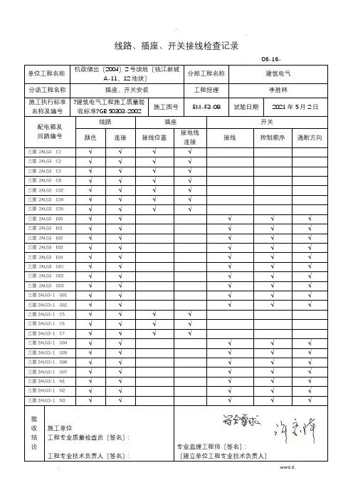 线路、插座、开关接线检查记录