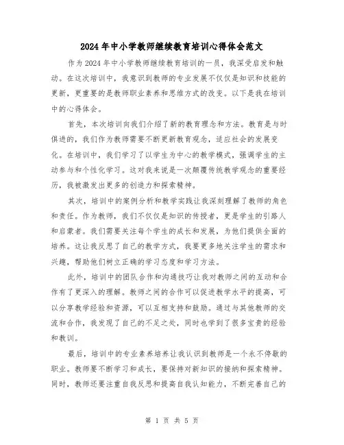 2024年中小学教师继续教育培训心得体会范文(三篇)