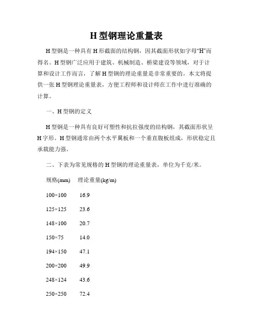 H型钢理论重量表