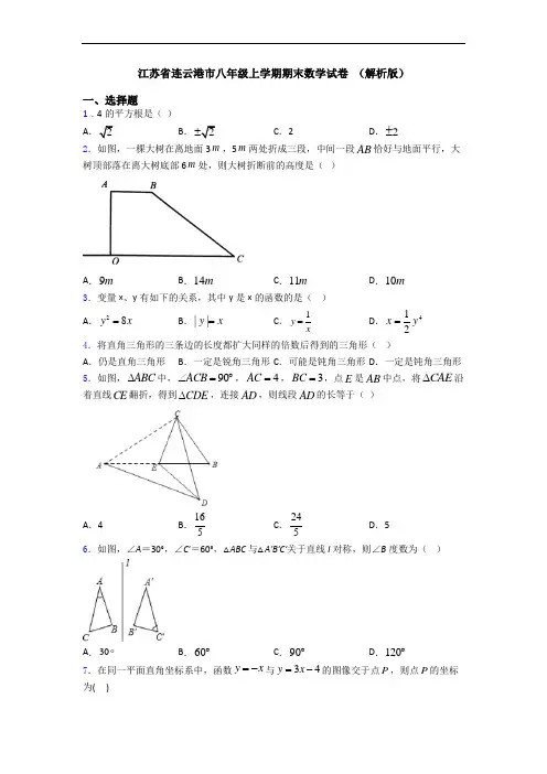 江苏省连云港市八年级上学期期末数学试卷 (解析版)