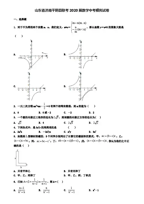 山东省济南平阴县联考2020届数学中考模拟试卷