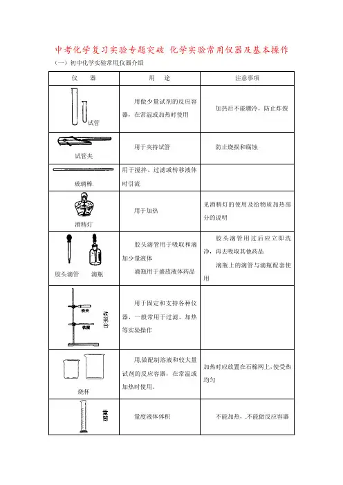 中考化学复习实验专题突破 化学实验常用仪器及基本操作