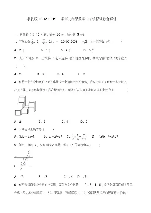 浙教版2018-2019学年九年级数学中考模拟试卷含解析.pdf