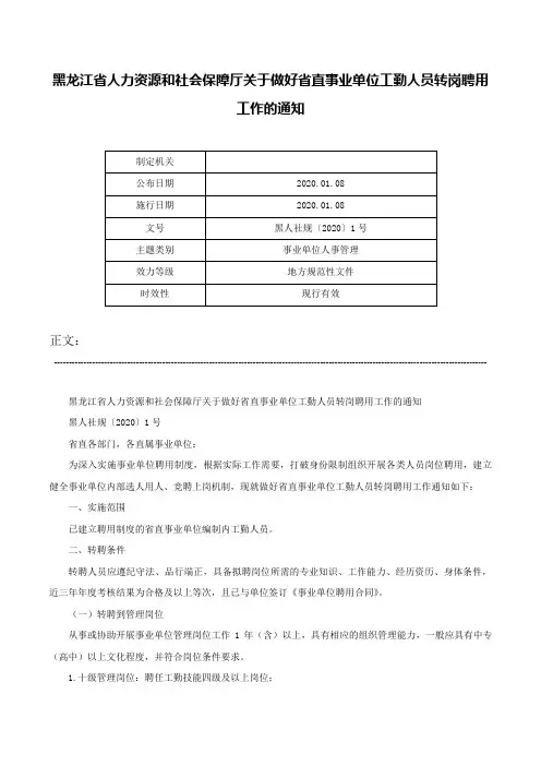 黑龙江省人力资源和社会保障厅关于做好省直事业单位工勤人员转岗聘用工作的通知-黑人社规〔2020〕1号