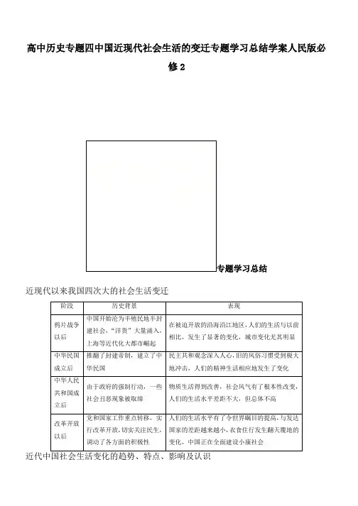 推荐2019高中历史专题四中国近现代社会生活的变迁专题学习总结学案人民版必修2