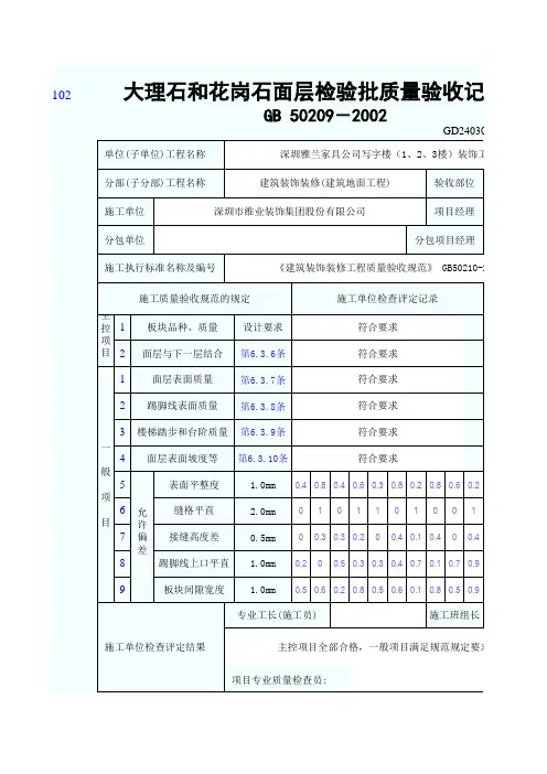 大理石和花岗石面层检验批质量验收记录表