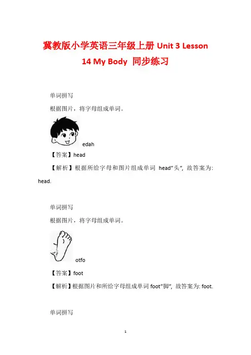 冀教版小学英语三年级上册Unit 3 Lesson 14 My Body 同步练习