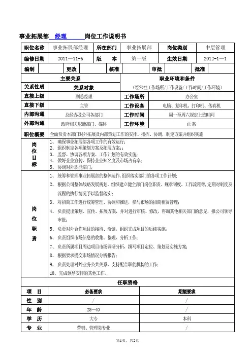 事业拓展部经理岗位说明书