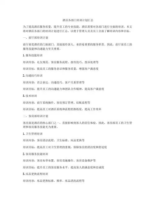 酒店各部门培训计划汇总