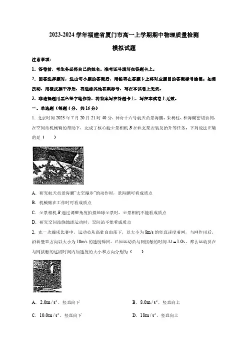 2023-2024学年福建省厦门市高一上学期期中物理质量检测模拟试题(含解析)