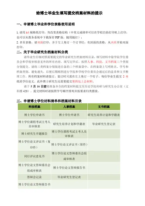 给博士毕业生填写提交档案材料的提示
