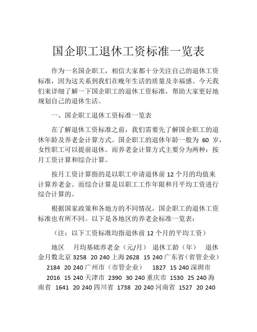 国企职工退休工资标准一览表