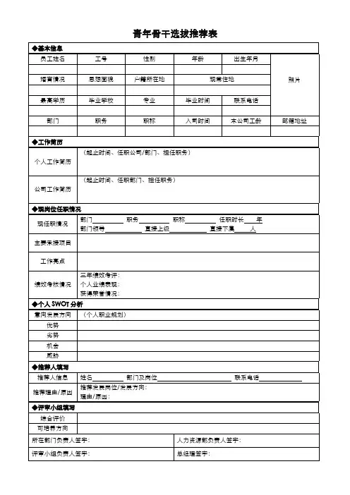 青年骨干人才选拔推荐表