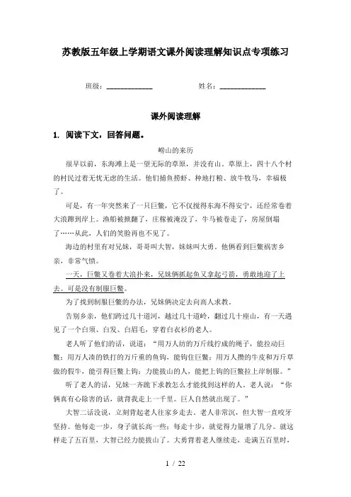 苏教版五年级上学期语文课外阅读理解知识点专项练习