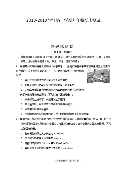 2018-2019学年第一学期九年级期末物理试题卷