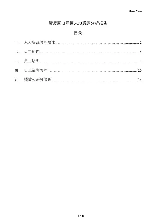 厨房家电项目人力资源分析报告(参考范文)