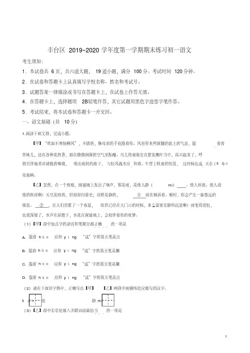 北京市丰台区2019-2020学年七年级上学期期末语文试题(解析版)