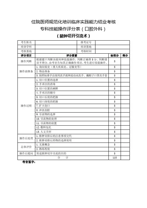 住院医师规范化培训临床实践能力结业考核专科技能操作评分表(口腔外科)脓肿切开引流术