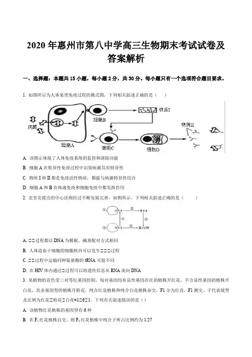 2020年惠州市第八中学高三生物期末考试试卷及答案解析