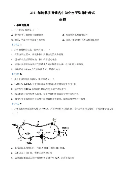 2021年河北高考生物试卷(新高考)及答案