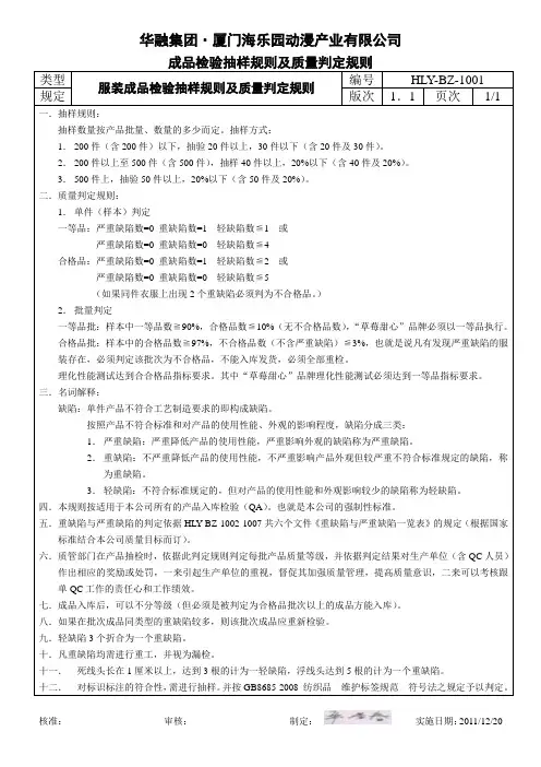 服装成品检验抽样规则及质量判定规则