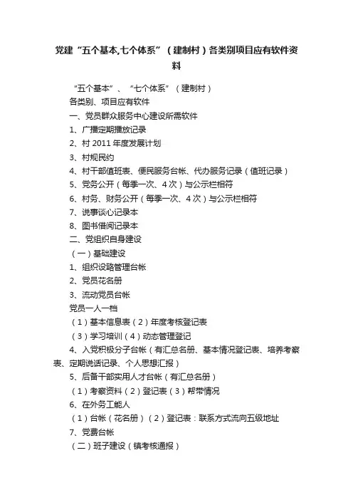 党建“五个基本,七个体系”（建制村）各类别项目应有软件资料