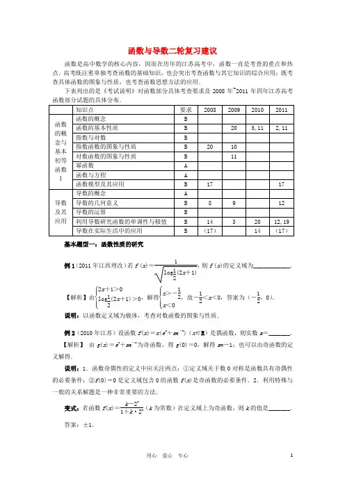 江苏省南京市高三数学二轮复习讲座1 函数与导数二轮复习建议