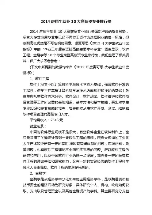 2014应届生就业10大高薪资专业排行榜