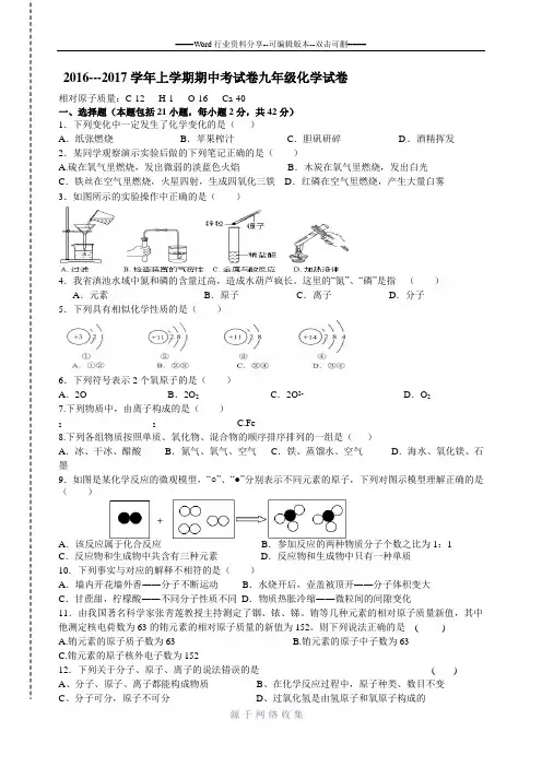 2016-2017学年九年级化学上学期期中考试试卷