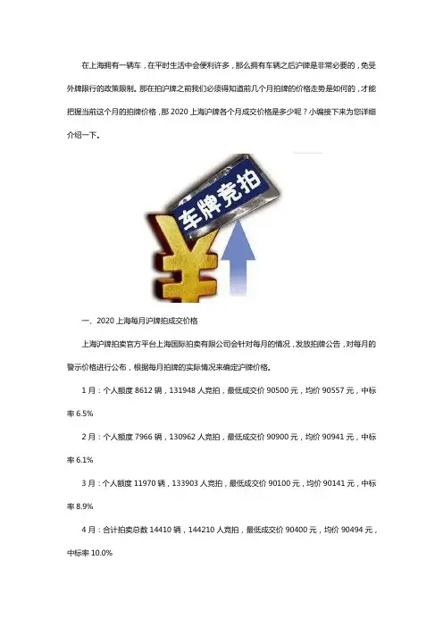 2020年上海沪牌每月成交价格