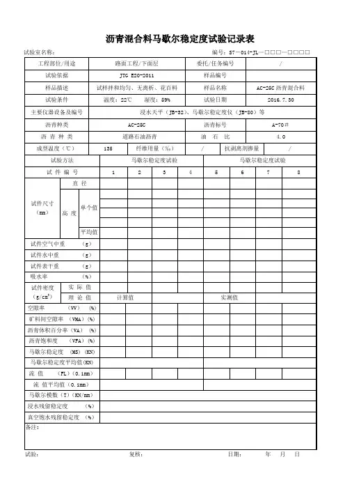 沥青混合料马歇尔稳定度试验记录表