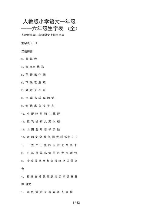 人教版小学语文一年级——六年级生字表(全)