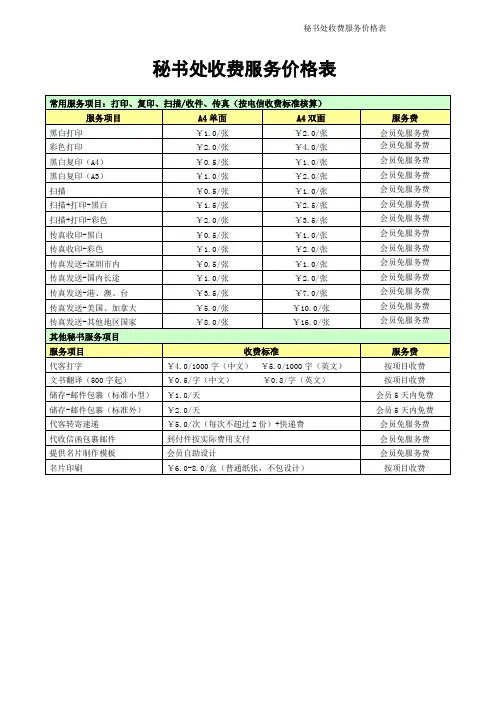 秘书服务收费价格表