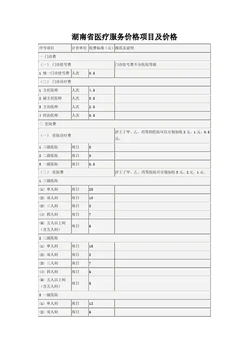最新湖南省医疗服务价格
