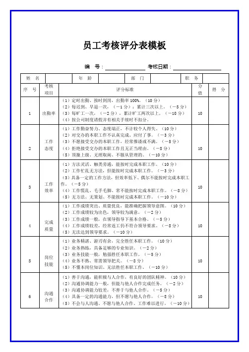 员工考核评分表模板
