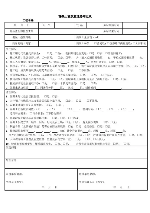 混凝土浇筑监理旁站记录表(简洁版)