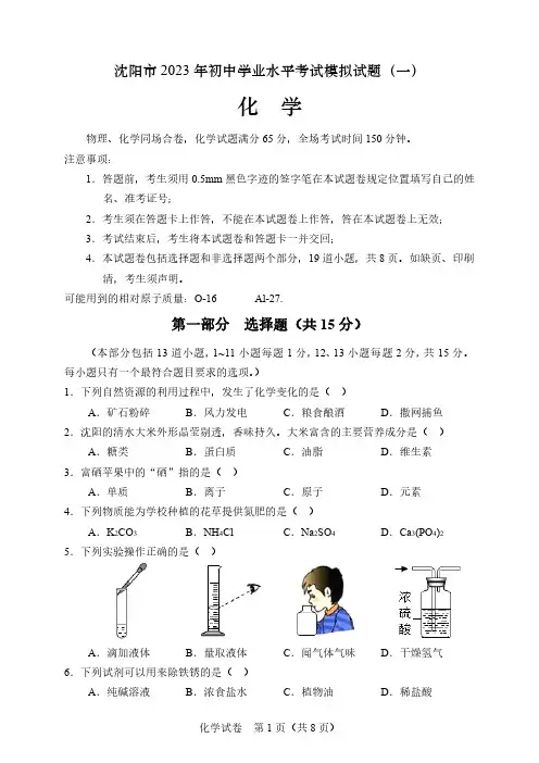 沈阳市2023年初中学业水平考试模拟试题(一)化学试卷及参考答案