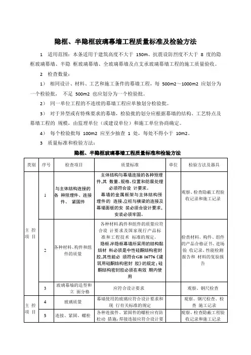 隐框、半隐框玻璃幕墙工程质量标准及检验方法