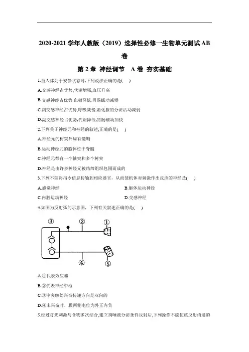 2020-2021学年人教版(2019)选择性必修一生物单元测试AB卷 第2章 神经调节 A卷 夯实基础