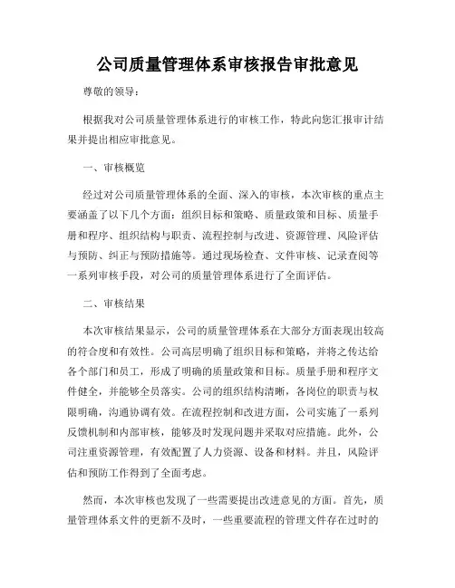 公司质量管理体系审核报告审批意见