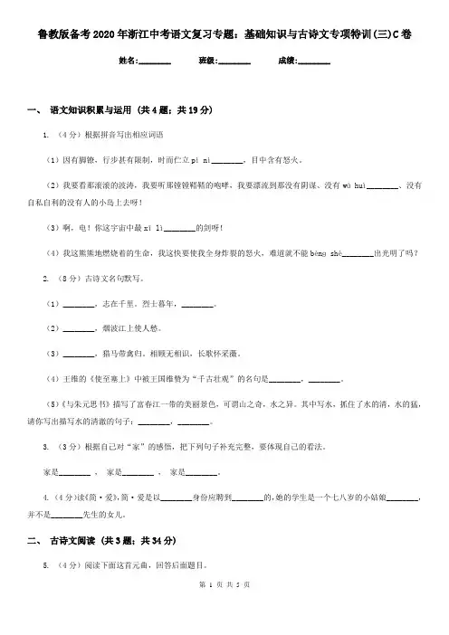鲁教版备考2020年浙江中考语文复习专题：基础知识与古诗文专项特训(三)C卷