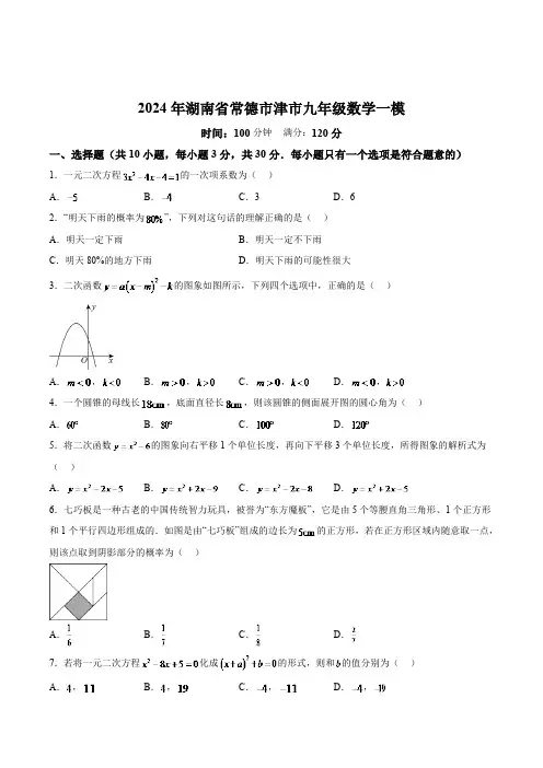 湖南省常德市津市市2024届九年级下学期中考一模数学试卷(含解析)