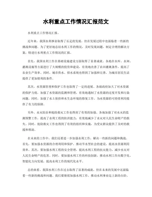 水利重点工作情况汇报范文