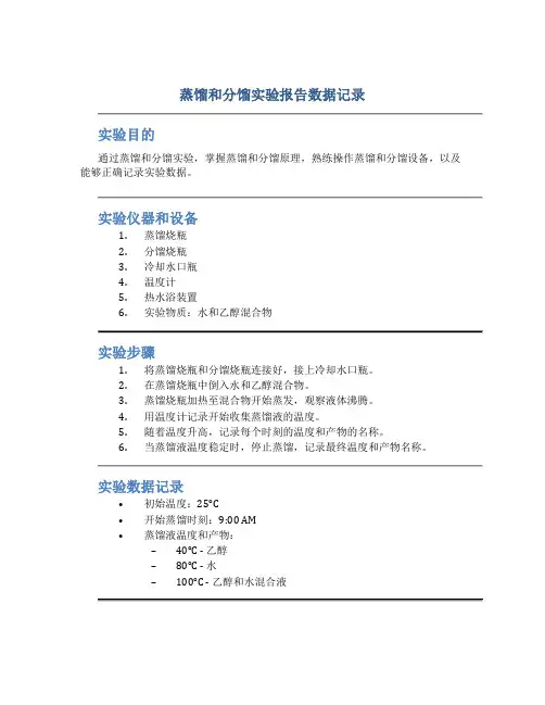 蒸馏和分馏实验报告数据记录
