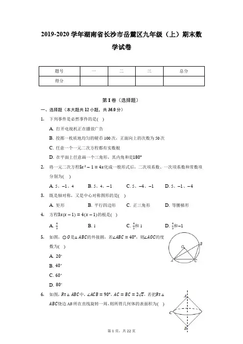 2019-2020学年湖南省长沙市岳麓区九年级(上)期末数学试卷