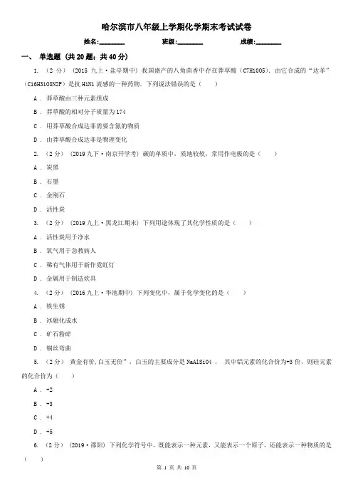 哈尔滨市八年级上学期化学期末考试试卷