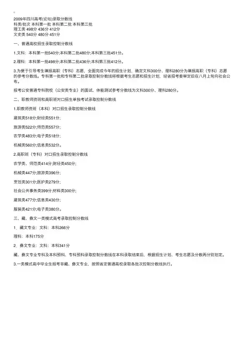四川2009年高考录取分数线公布